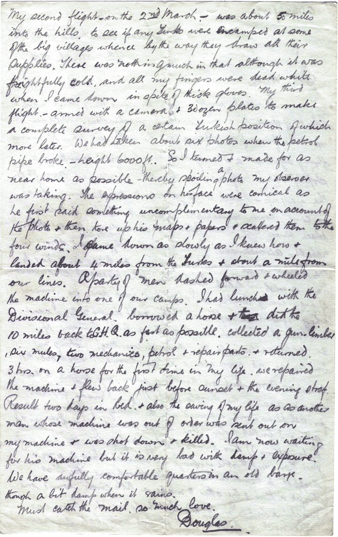 Page 2 of a letter from John Douglas Hume to his mother describing action in Turkey, February to March 1916. National Records of Scotland reference: GD486/102
